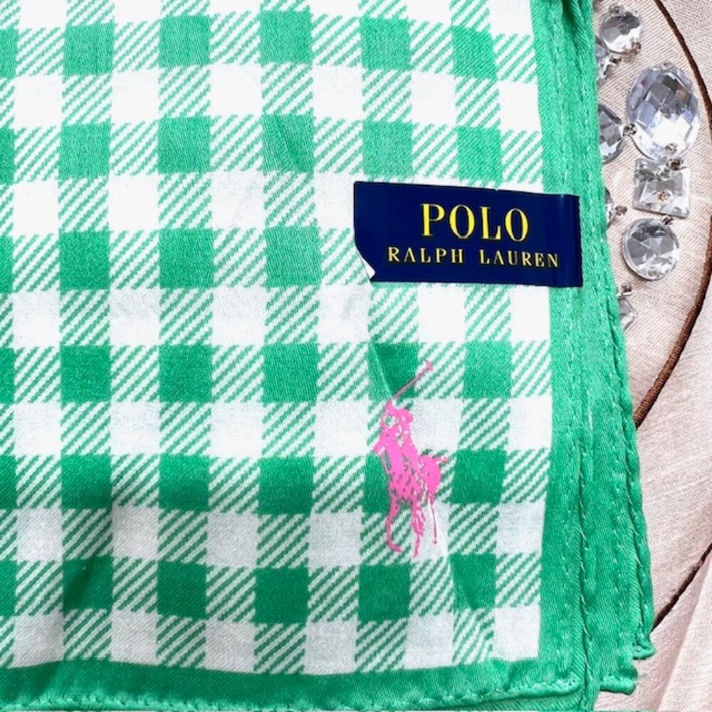 New Polo Ralp Raurent Mini Scarf/Handkerchief  cotton 20"  Green wihte check(89 - Picture 7 of 12